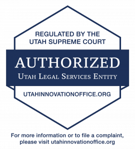 Blue six-sided badge with the words “Regulated by the Utah Supreme Court, AUTHORIZED Utah Legal Services Entity, utahinnovationoffice.org”